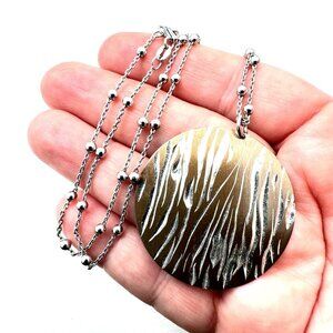 Womens Necklace Sterling Silver Circle Disc Zebra Print Pendant Chain